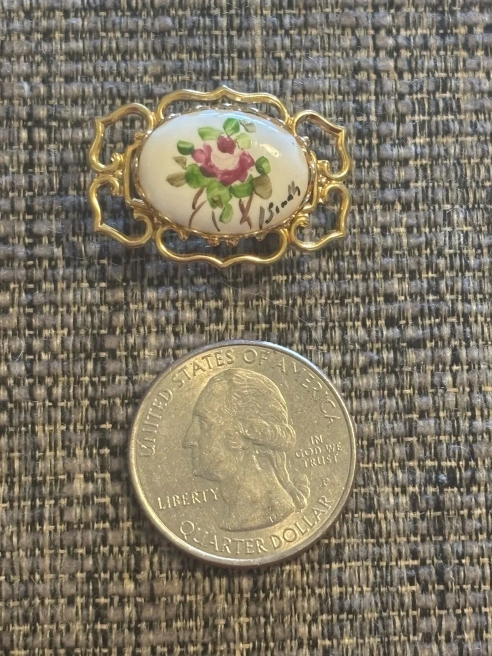 Vintage Signed Hand Painted Porcelain Rose Brooch - Gold Tone Ornate Frame